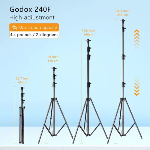 Vista 2 de Godox Soporte de luz de fotografía de aluminio para iluminación de estudio fotográfico, cajas de luz, paraguas, fondos - 240 cm, 94 pulgadas