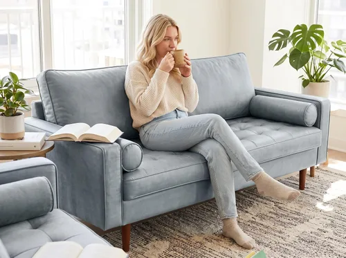Vista 65 de Container Furniture - Sofá de piel sintética para la sala de estar moderna con cojines extraíbles y patas de madera maciza, sofá estilo lujoso