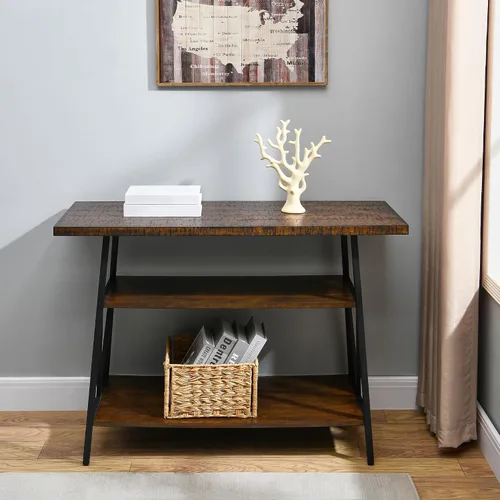 Vista 4 de Mesa consola con mesa dentada, mesa de entrada de madera maciza con estante de almacenamiento, mesa de pasillo rústica de 3 niveles, mesa de sofá