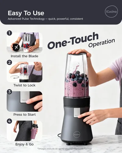 Vista 6 de iCucina Licuadora de batidos, licuadora personal para batidos y batidos, tecnología de pulso de 700 W, licuadoras de una sola porción con 2 vasos