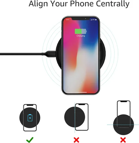 Vista 4 de Amazon Basics Almohadilla de carga inalámbrica certificada Qi de 15 W para iPhone 16/15/14/13/12/11/X, Samsung y más, con cable USB, negro