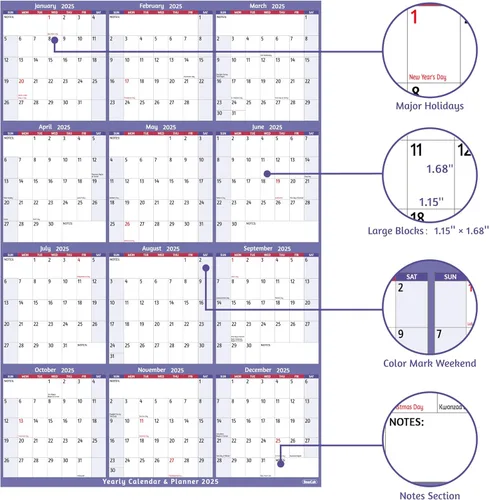 Vista 3 de Calendario anual de pared 2025 – Calendario anual grande 2025, enero 2025 – diciembre 2025, 25.2 x 38.2 pulgadas (abierto), calendario 2025