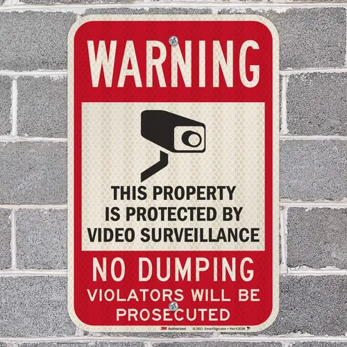Vista 3 de SmartSign señal de seguridad, leyenda: "Warning: Video Surveillance No Dumping" en colores negro y rojo sobre blanco, 1
