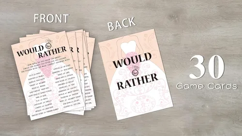 Vista 3 de Tarjetas de juego para despedida de soltera, juego de "Would She Rather Game", tarjetas de fiesta de compromiso rosas para boda, juego de 30