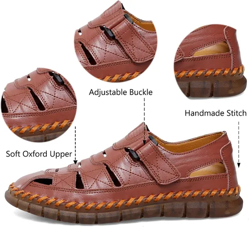 Vista 2 de Sandalias de cuero para hombre con puntera cerrada, zapatos de pescador de playa, sandalias deportivas de verano al aire libre