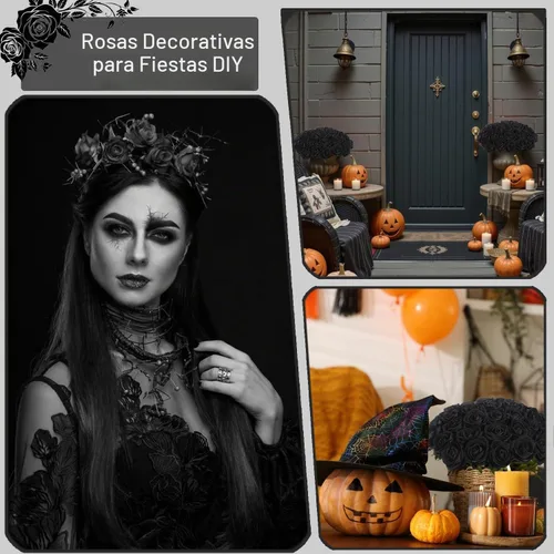 Vista 4 de 12 rosas artificiales de terciopelo sintético para decoración del hogar y boda (rosa perla, negro)