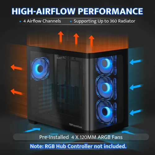Vista 3 de darkFlash ATX Mid-Tower Estuche para PC Gaming, Enchufe Trasero BTF para Placa Base, con 4 Ventiladores ARGB Estuche para Computadora, Vidrio Curvo