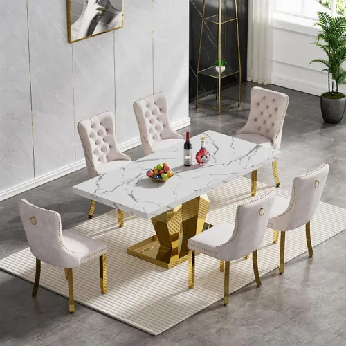 Vista 28 de Juego de mesa de comedor de mármol sintético, 7 piezas, juego de mesa de cocina y comedor para 6, mesa de comedor rectangular blanca de 70 pulgadas