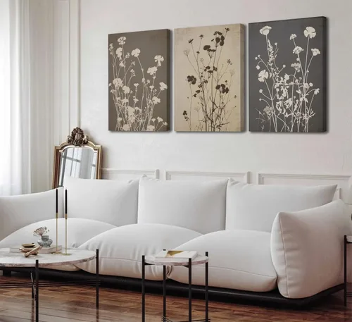 Vista 6 de 3 piezas de arte de pared de flores en tonos oscuros en lona vintage póster impreso pintura de flores silvestres oscuras en granja imagen botánica
