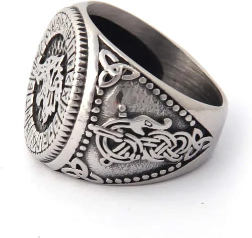 Vista 2 de BAVIPOWER Anillo de runa de acero inoxidable para hombre, diseño de lobo vikingo, ideal para hombre