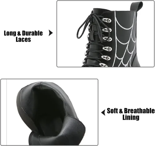 Vista 3 de mikarka Botas de plataforma con cadena para mujer, con cordones y cremallera, tacón grueso, botines de combate negros, botas de motocicleta