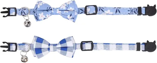 Vista 4 de Paquete de 2 collares de gato con pajarita y flor a cuadros de campana para gatito Azul