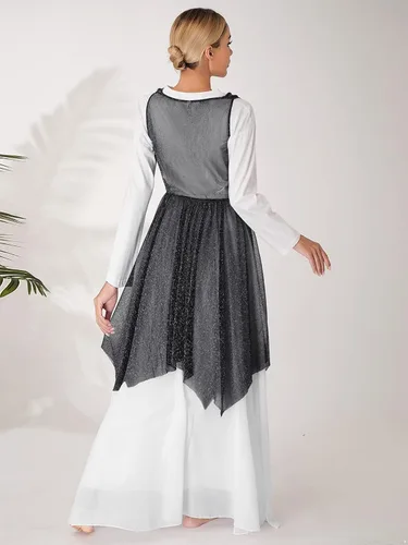 Vista 5 de Vestido de baile sin mangas con cuello drapeado y lentejuelas de malla para mujer, vestido de baile lírico