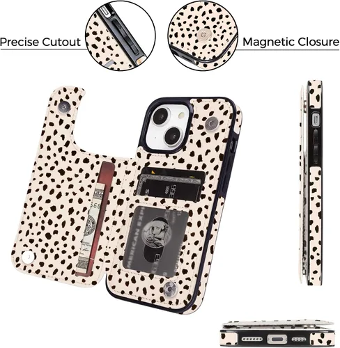 Vista 4 de uCOLOR - Funda tipo cartera para iPhone 15 con tarjetero y diseño de lunares con leche de almendra Bloqueo RFID de piel sintética para mujeres