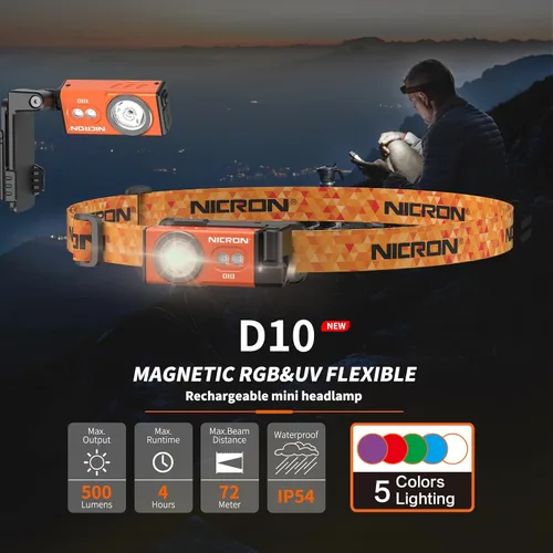 Vista 2 de NICRON Linternas recargables D10, mini linterna EDC de 500 lúmenes altos con imán de rotación de 360°, luces RGB y UV, IP54 impermeable, faro Naranja