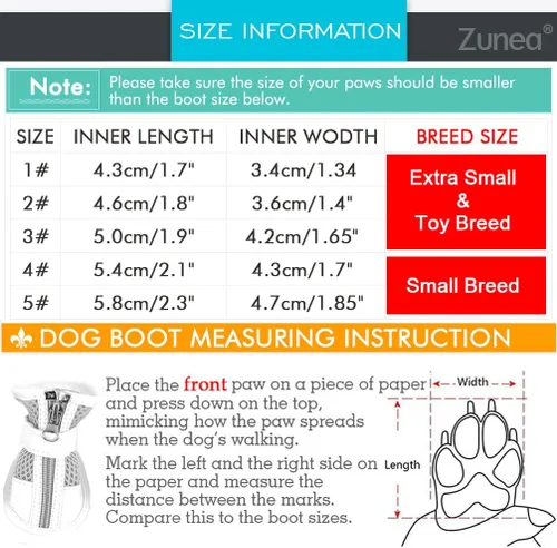 Vista 6 de Zunea - Zapatos para perros pequeños para pavimento caliente, botas de verano de malla transpirable para cachorros Anti-Slip Sole, Adjustable