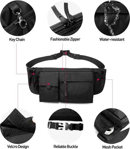 Vista 9 de Riñonera grande impermeable negra para hombres y mujeres, bolsa de cinturón, bolsa de cadera con correa ajustable, riñonera ligera de primera