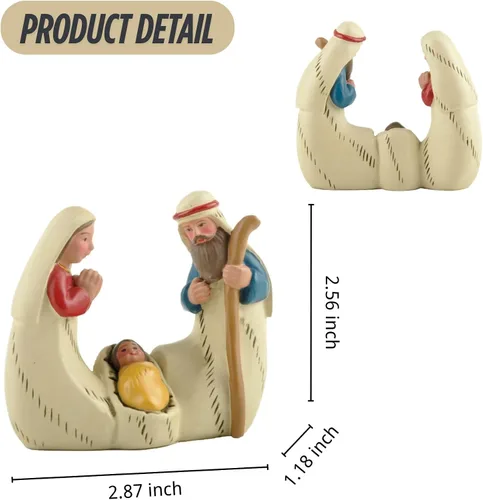 Vista 3 de Mini belén de la Santa Familia – Figura de resina de 2.9 pulgadas de María, José y el Niño Jesús, pequeña decoración religiosa de Navidad