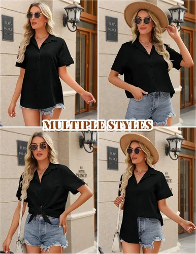 Vista 2 de HOTOUCH Camisa de lino con botones para mujer, de algodón, de manga corta, cuello en V, con botones, para verano y playa