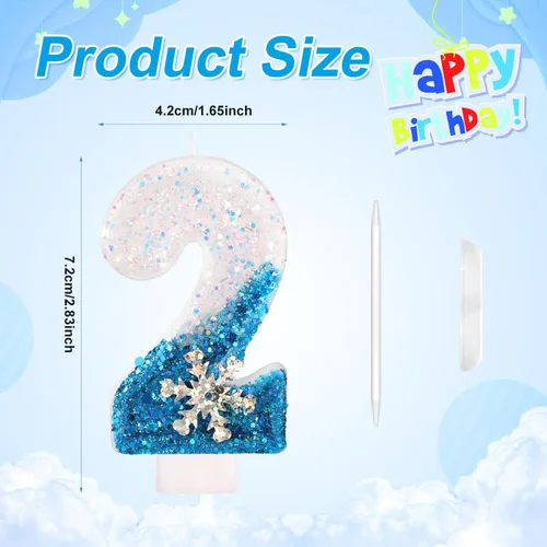 Vista 2 de Velas de cumpleaños del 0 al 9, velas de números con purpurina de copo de nieve, decoración de pasteles blancos y azules para niños y adultos