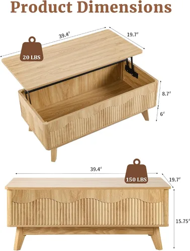 Vista 3 de BERRYMERRY Mesa de centro elevable con almacenamiento oculto, mesa de centro acanalada de granja con perfil ondulado, mesa central rectangular Roble