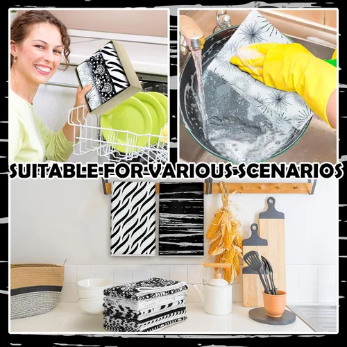 Vista 6 de Redbaker Juego de 6 toallas de cocina en blanco y negro con línea de arte abstracto, paños de cocina florales, paños de cocina modernos de mediados