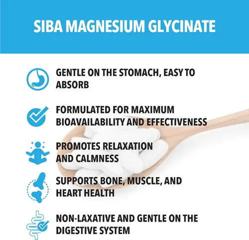 Vista 5 de SIBA Glicinato de magnesio 500 mg Suplemento de alta absorción para la recuperación muscular del sueño, función nerviosa, salud ósea, calma natural