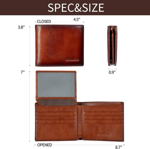 Vista 6 de Cartera de piel auténtica para hombre, con bloqueo RFID, plegable, elegante, con 2 ventanas de identificación, Marrón, Minimalista