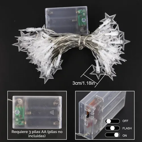 Vista 7 de Guirnalda de luces de estrellas que funcionan con pilas, 10 pies, 20 luces LED de hadas, luces de Navidad alimentadas por pilas para interiores