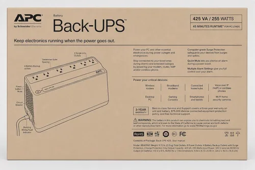 Vista 9 de APC Protector contra sobretensiones de respaldo de batería de UPS, fuente de alimentación de batería de respaldo de 425VA, BE425M, color negro