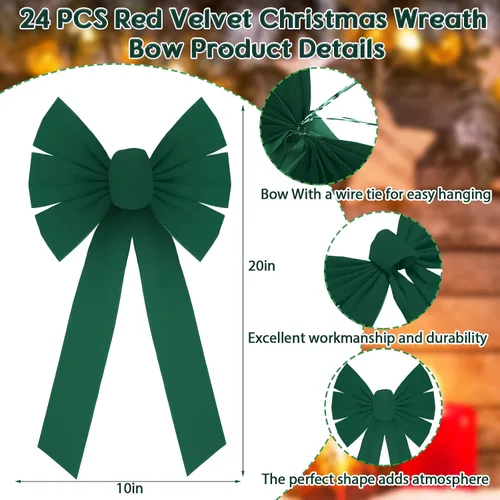 Vista 2 de Hoteam 24 Piezas Lazos Grandes de Terciopelo Rojo de Navidad 10 x 16 Pulgadas Lazo Verde Colgante para Corona de Navidad Lazo Superior para Árbol