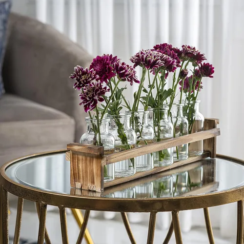 Vista 5 de Hermoso jarrón de cristal con soporte de madera para plantas y 6 jarrones de brotes, botellas de vidrio decorativas para decoración del hogar