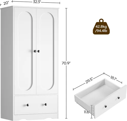 Vista 3 de YATINEY Armario Armario con tira de luz, armario de madera de 70.9 pulgadas de alto para dormitorio con 2 puertas, cajón y riel para colgar, armario