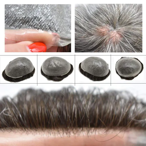 Vista 5 de Toupee para hombre, sistema de reemplazo de cabello humano de piel ultra fina de 0.002 in, invisible, todas las unidades de cabello masculino