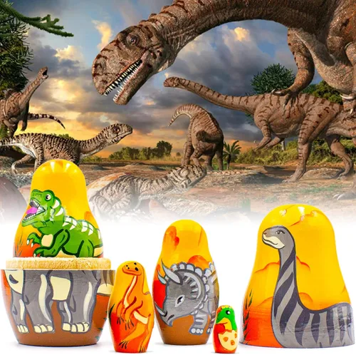 Vista 2 de AEVVV Juego de 5 muñecas anidables de dinosaurio, muñeca Matryoshka con figuras de dinosaurios - Dinosaurio de madera - Decoración de habitación