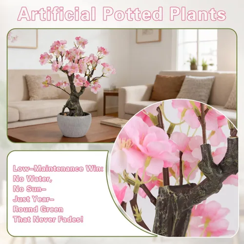 Vista 7 de KAIRNE Maceta floral de cerezo rosa artificial, 15.7 pulgadas de alto, plantas falsas de bonsái, plantas de imitación de flores, ramas decorativas