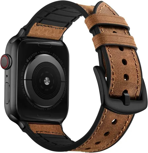 Vista 19 de OUHENG Correas de cuero compatibles con Apple Watch de 42mm 41mm 40mm 38mm, correa híbrida de cuero genuino y goma para iWatch Series 11 10 9 8 7 6