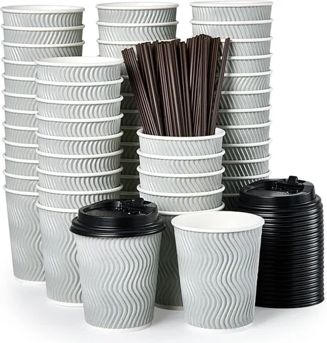 Vista 9 de MUCHII Tazas de café desechables de 12 onzas, 100 unidades, tazas con aislamiento ondulado para llevar con tapas y popotes para té, chocolate
