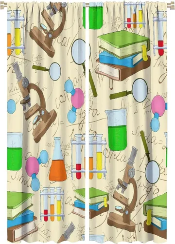 Vista 59 de Cortinas opacas para ventanas de ciencia para niños, lupa de libro de laboratorio de ciencia, lupa, frascos moleculares, cortinas impresas