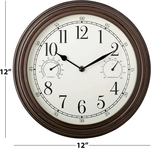 Vista 4 de Westclox Reloj de pared para interiores y exteriores con medidores de temperatura y humedad, resistente a la intemperie, precisión de cuarzo Bronce
