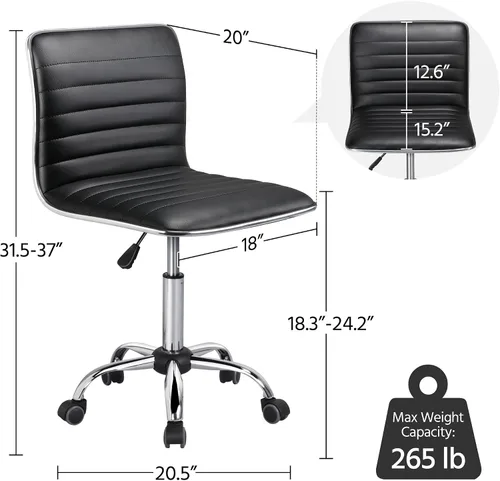 Vista 3 de Yaheetech Silla de escritorio negra sin brazos con ruedas, piel sintética acanalada (paquete de 2)