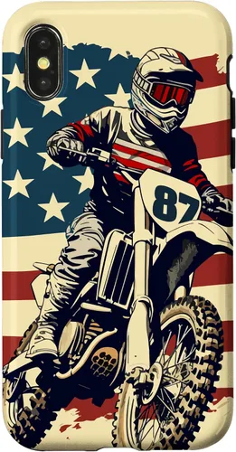 Vista 5 de Funda vintage para iPhone 16 Motocross Rider Dirt Bike con bandera estadounidense