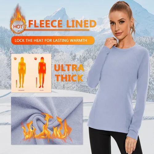 Vista 5 de WOWENY Camisas térmicas para mujer, forro polar, manga larga, capa base, parte superior de invierno Azul bebé