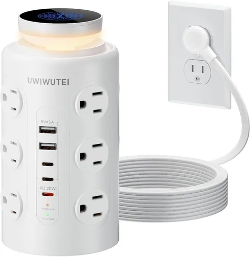 Vista 7 de Regleta de alimentación con protector de sobretensiones de torre (16 salidas de CA + 5 puertos USB incluyendo 2 tipos C), cable de extensión de 5