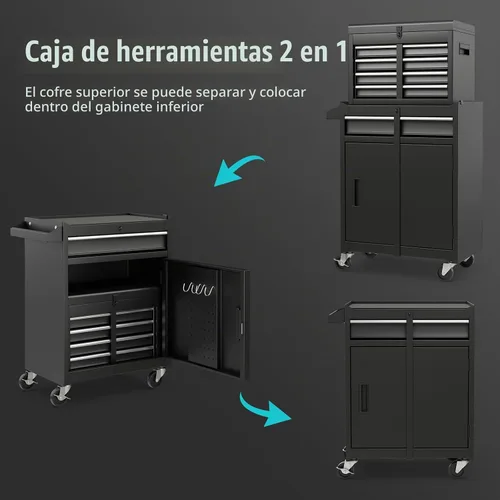 Vista 4 de Goplus Baúl de herramientas, gabinete de almacenamiento de herramientas con 5 cajones y ruedas, con parte superior desmontable, caja