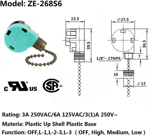 Vista 2 de Interruptor de ventilador de techo Zing Ear ZE-268S6 Interruptor de cadena de tracción de 3 velocidades 4 alambres Interruptor de cadena de tracción
