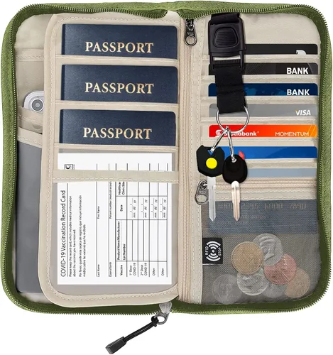 Vista 2 de ZOPPEN Cartera de viaje RFID y organizador de documentos con cremallera con correa de muñeca extraíble, Cartera RFID