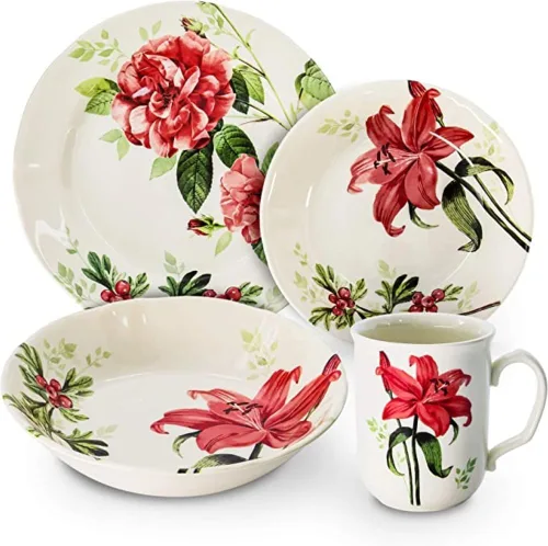Vista 20 de Tudor Royal - Juego de vajilla redonda de porcelana de 12 piezas, servicio para 4, diseño botánico, flores de verano, platos, cuencos, brillante