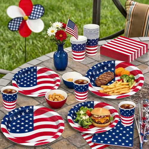 Vista 4 de 96 Pcs 4th of July Party Supplies Set, 250th Anniversary American Flag Patriotic Plates Napkins Cups, Disposable Red White Blue Star and Striped