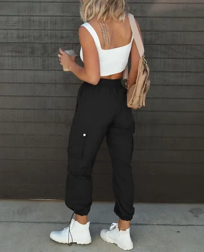 Vista 7 de Pantalones de paracaídas para mujer, cintura alta elástica, pantalones cargo Y2K holgados con 4 bolsillos